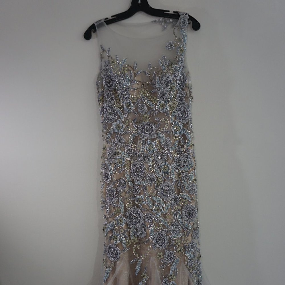 Terani Couture One Shoulder Silver and Cream Dress